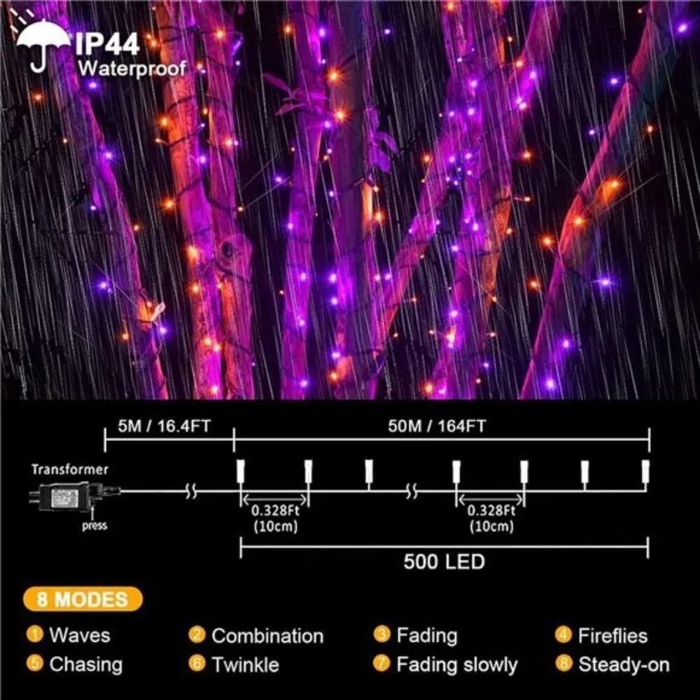 500 LED Halloween Lights, 164FT 8 Lighting Modes Plug in Waterproof Fairy Lights